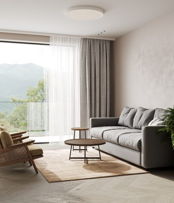 Stylish beige modern living room interior, home furniture, 3d rendering
